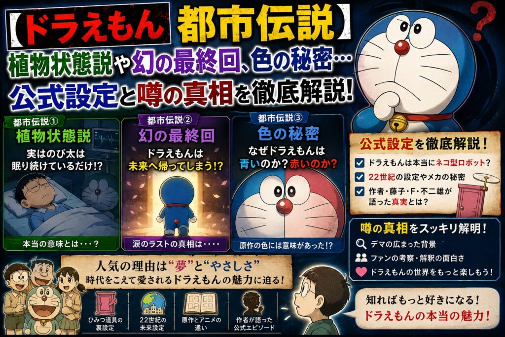 【ドラえもん都市伝説】植物状態説や幻の最終回、色の秘密…公式設定と噂の真相を徹底解説！