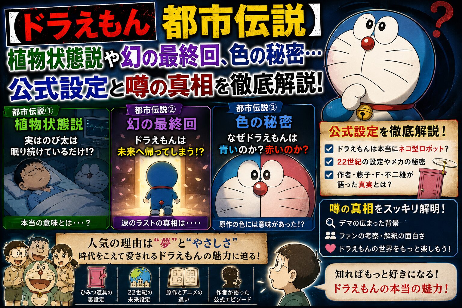 【ドラえもん都市伝説】植物状態説や幻の最終回、色の秘密…公式設定と噂の真相を徹底解説！