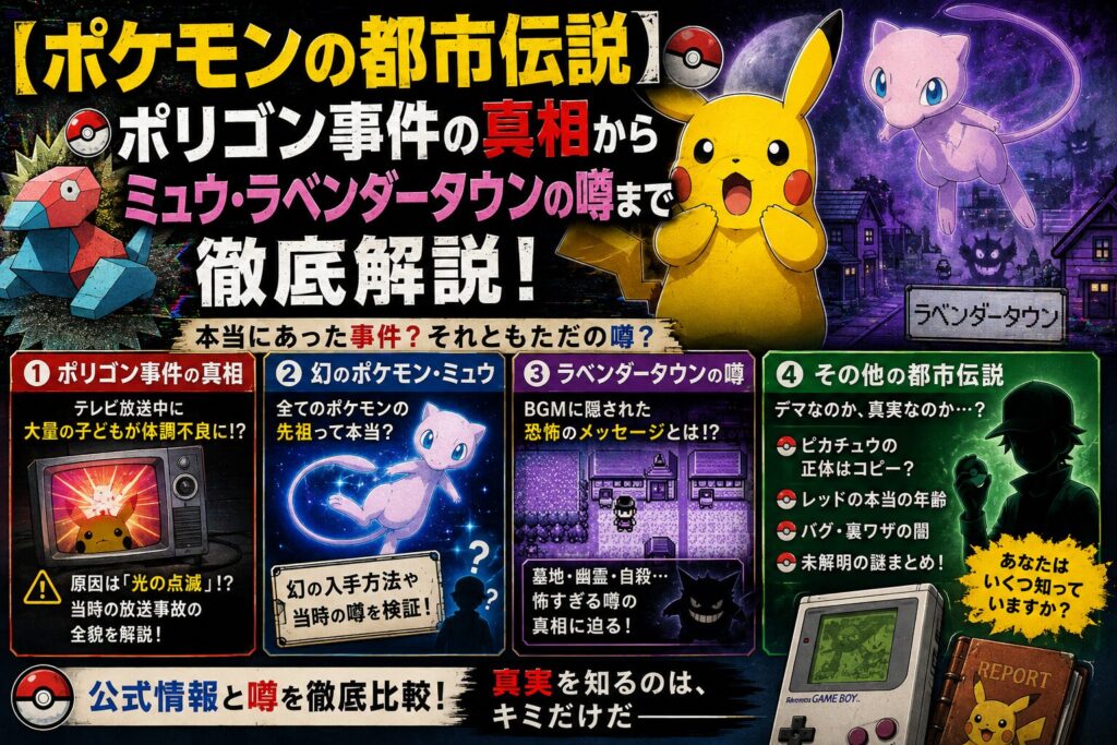 【ポケモンの都市伝説】ポリゴン事件の真相からミュウ・ラベンダータウンの噂まで徹底解説！
