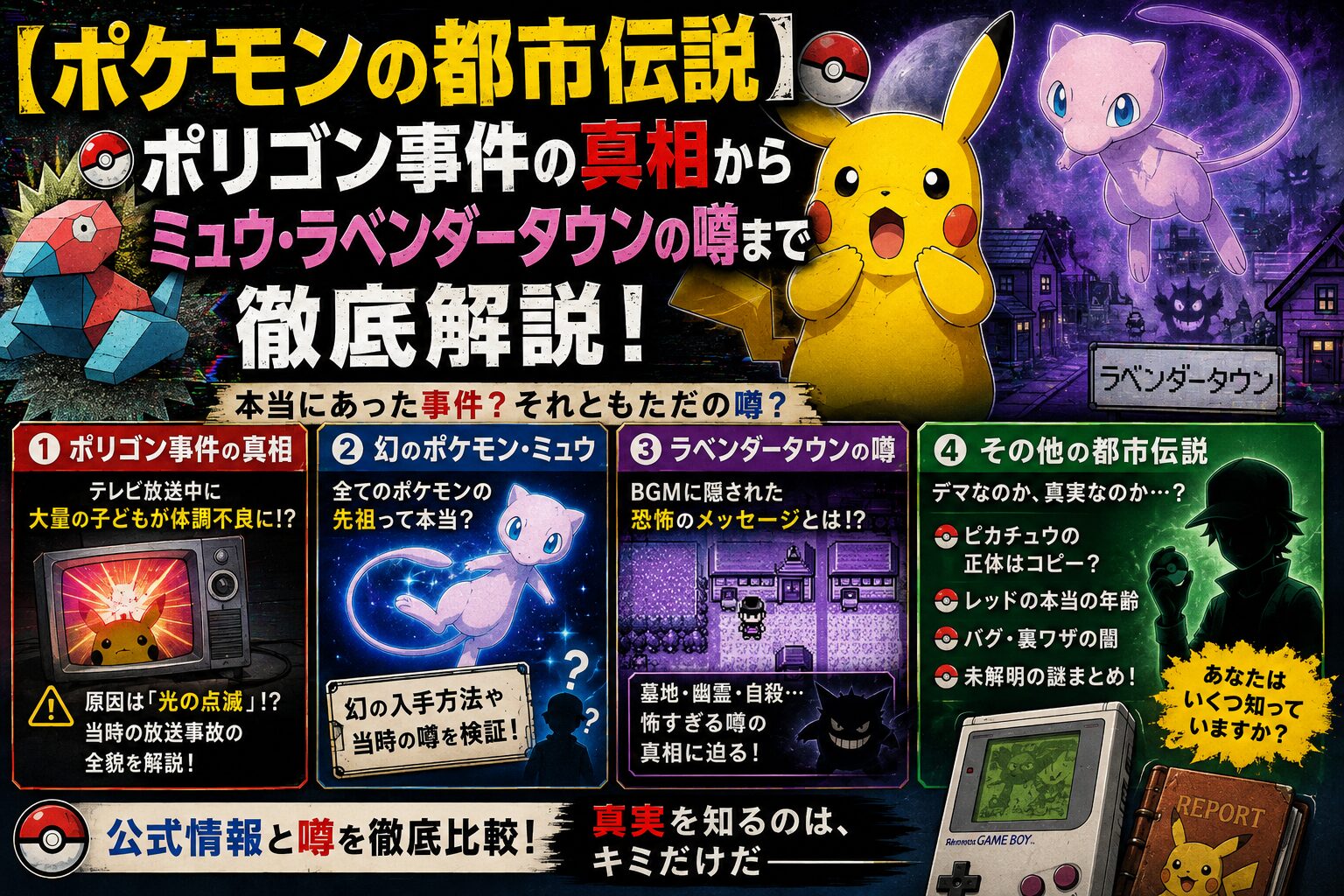 【ポケモンの都市伝説】ポリゴン事件の真相からミュウ・ラベンダータウンの噂まで徹底解説！