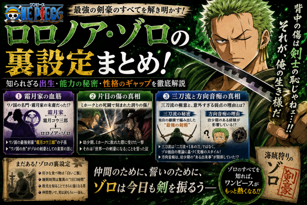 【ワンピース】ロロノア・ゾロの裏設定まとめ！霜月家の血筋・片目の傷・三刀流と方向音痴の真相を徹底解説
