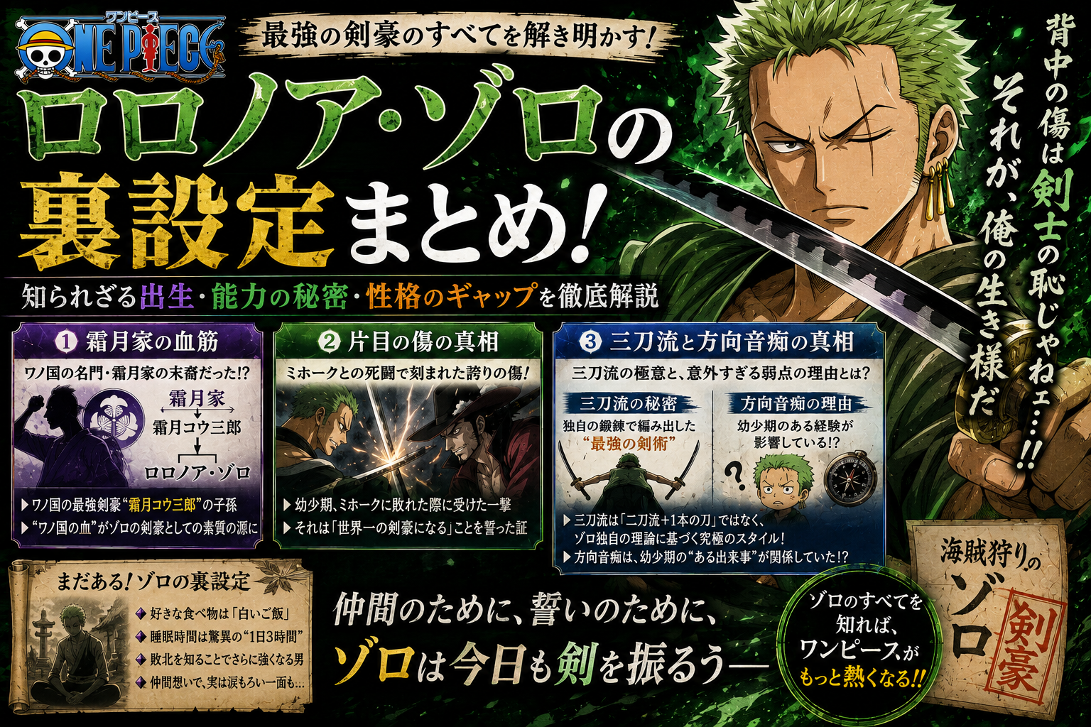 【ワンピース】ロロノア・ゾロの裏設定まとめ！霜月家の血筋・片目の傷・三刀流と方向音痴の真相を徹底解説